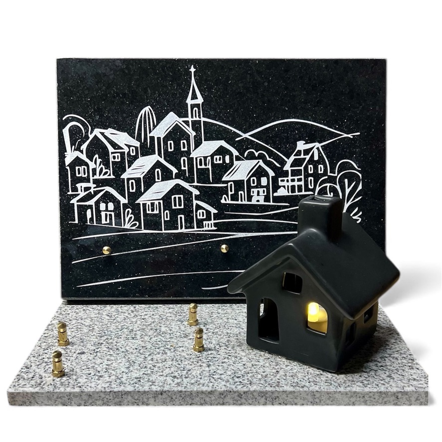 plaque funéraire en granit avec maison porte bougie en céramique